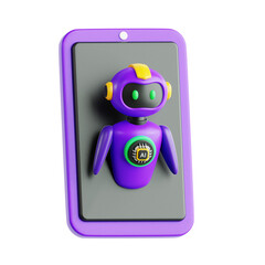 Ai artificial intelligence robot pop out from smartphone screen for digital mobile personal assistance 3d icon illustration render design