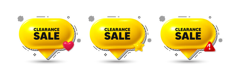 Chat speech bubble 3d icons. Clearance sale tag. Special offer price sign. Advertising discounts symbol. Clearance sale chat offer. Speech bubble banners. Text box balloon. Vector