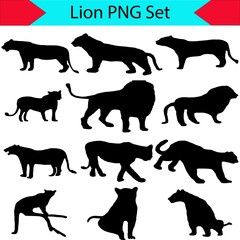 Set of lion silhouette vector illustration on white or transparent background, PNG