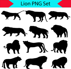 Set of lion silhouette vector illustration on white or transparent background, PNG