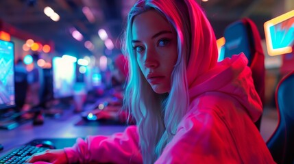 Young Woman Gaming in a Neon-Lit Cyber Cafe - Generative AI