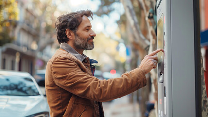 A man touching the display screen paying the charging fee for his electric vehicle at the charging station.