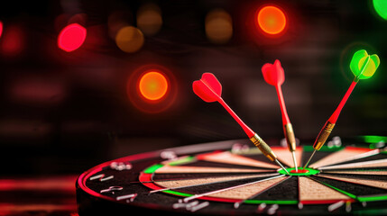 Fototapeta premium Three darts hit the bullseye on a dartboard, with colorful bokeh lights in the background, symbolizing precision and success.