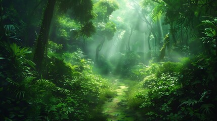 Lush green rainforest with a narrow path leading through it sunlight piercing through the dense canopy