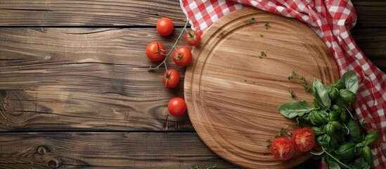 Wooden Cutting Board with Tomatoes, Basil and Thyme