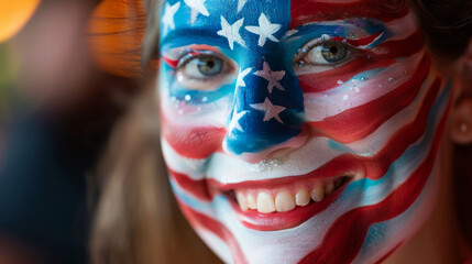 Obraz premium A smiling woman with a face painted in the USA flag colors, celebrating patriotism and national pride.