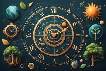 Earth clock in natural background ,The concept of everything being tied to time and nature