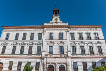 Facade of a historic building in the center of Volary, Czechia