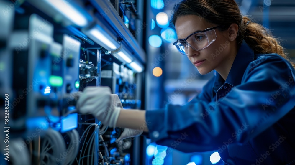 Wall mural female engineer working on industrial equipment - generative ai