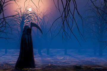 Representation of death with a scythe in the forest. 3D Render