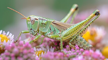 Macro photograph capturing a green grasshopper sitting on yellow and pink flowers in a garden setting, highlighting the beautiful details and vibrant colors of nature.