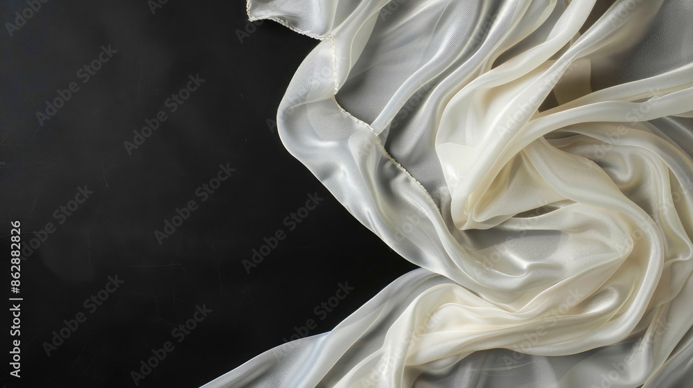 Poster bird s eye view of white textile on black background with empty space for vertical image