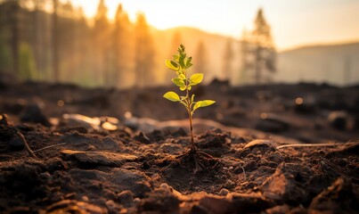 New Life After Fire: A Sapling Grows in Burned Forest