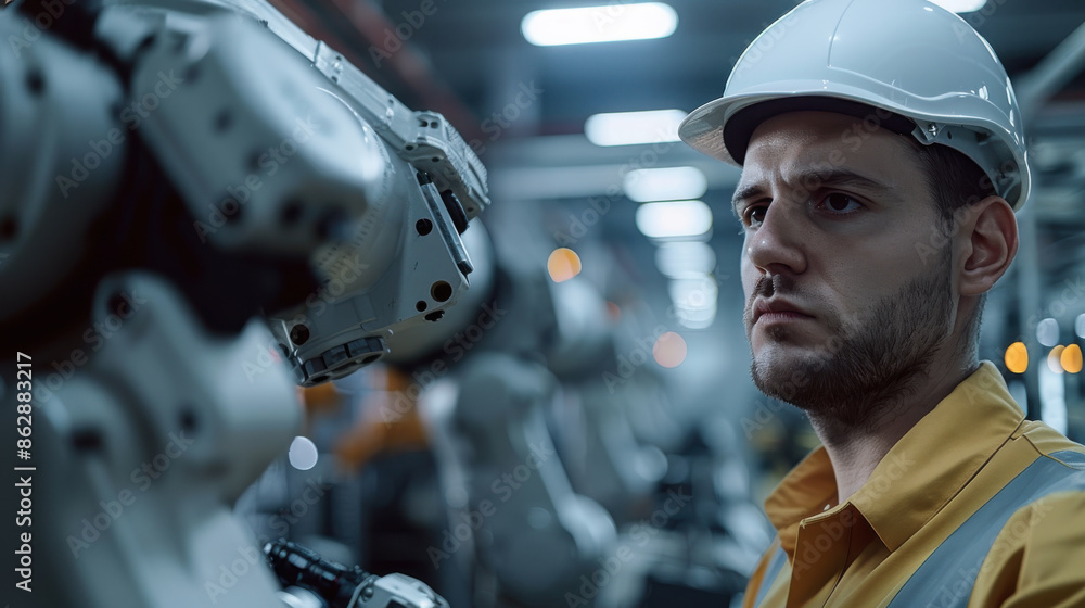 Poster engineer in a hard hat working with an industrial robot in a factory, showcasing technology and prec
