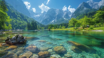 A breathtaking view of a pristine alpine lake with sparkling clear waters, surrounded by majestic mountains and lush greenery under a clear blue sky, offering serene tranquility.