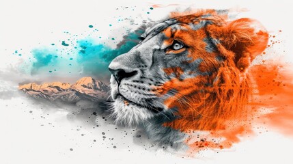 Lion and mountain terrain double exposure, blending wildlife with majestic peaks.