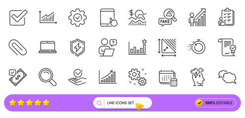 Efficacy, Account and Execute line icons for web app. Pack of Check investment, Fake news, Approved agreement pictogram icons. Online question, Checklist, Paper clip signs. Notebook. Vector