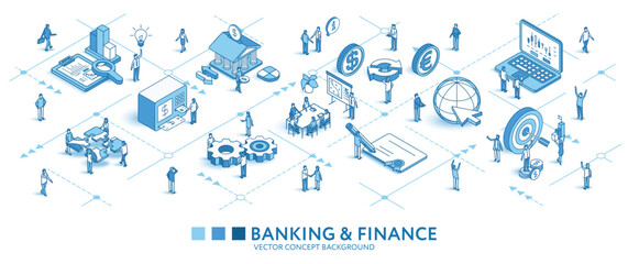 Finance, bank account, economic isometric seamless pattern. Money, tax line 3d icon, people character, arrow. Business infograph. Vector background teamwork concept illustration. Stock market journey