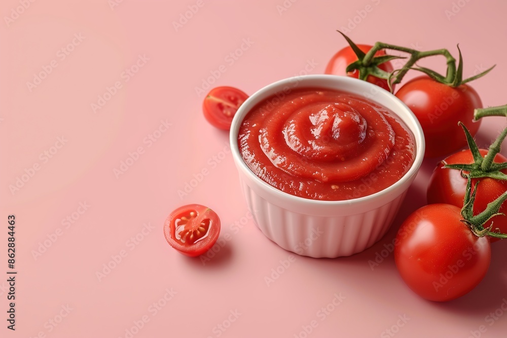 Wall mural bowl with tomato paste isolated on pale pink background