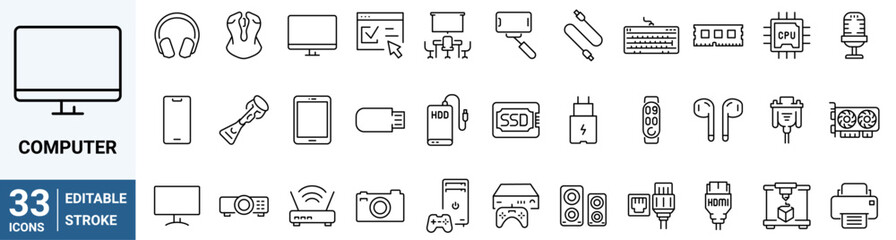 Computer and Hardware line web icons. PC, such as RAM memory, hdd, ssd cpu processor. Keyboard mouse headphone speakers, laptop monitor server. 