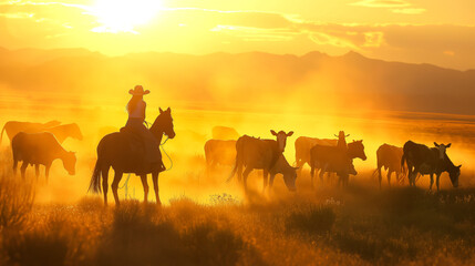 Fototapeta premium Cowgirls herding cattle across a dusty plain at sunset, with the golden light casting long shadows.