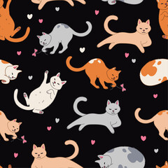 Seamless pattern with cute cats. Vector illustration.