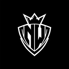 NW Letter logo with sharp triangle shield shape with crown inside white outline on black background template design