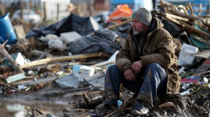 Desolate Homeless Man Sitting Amidst Rubble and Debris After Devastating Flood, Reflecting Despair and Loss
