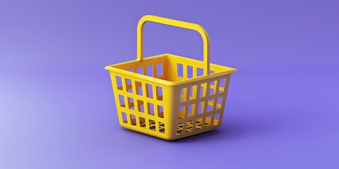 Yellow shopping basket icon on purple background. Modern 3D isometric rendering.