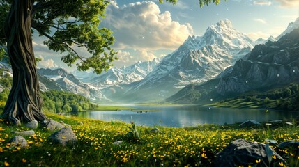 A picturesque landscape featuring snowcapped mountains, a serene lake, blooming flowers, and a tree under a clear sky with clouds, embodying the beauty of nature and wilderness in a tranquil valley.