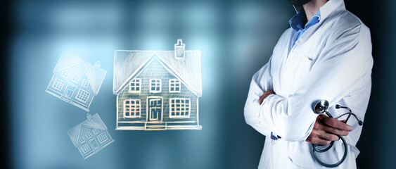 doctor in medical mask holding stethoscope against blurry background of house.