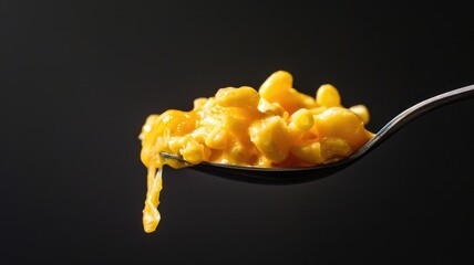 Close-up of creamy, cheesy pasta on spoon