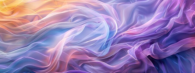 Translucent, flowing ribbons in pastel hues of purple, blue, and yellow create a dreamy, ethereal effect