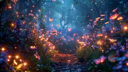 Fototapeta premium A forest with a path through it with flowers and butterflies