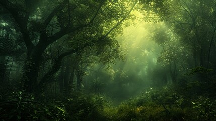 Obraz premium A forest with trees and sunlight shining through the leaves