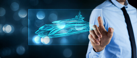businessman holding yacht icon in palm hand,