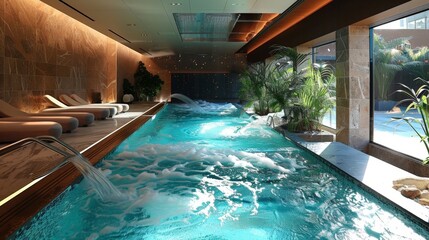 A large indoor pool with a waterfall and plants