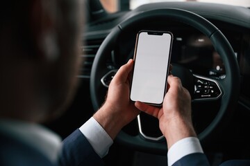 White copy space on smartphone. Businessman is in the brand new car