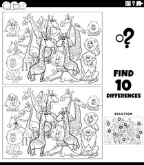 differences activity with cartoon wild animals coloring page