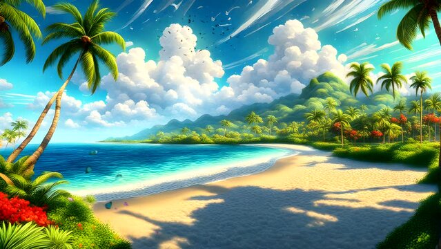 Charming tropical beach scenery, rows of coconut trees and various other green trees add to the beautiful panorama of the beach, in the summer season Seamless looping 4k time-lapse animation video bac