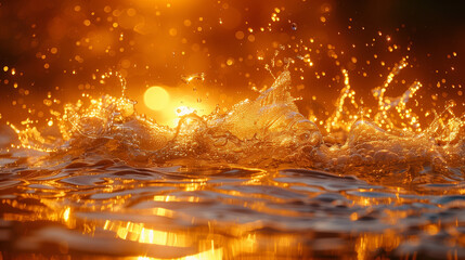 Close-up of water splashes on the lake in the sunset light