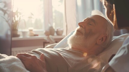 Compassionate Hospice Nurse Visiting Elderly Male Patient Receiving Palliative Care at Home, Providing Comfort and Support