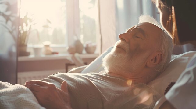 Compassionate Hospice Nurse Visiting Elderly Male Patient Receiving Palliative Care at Home, Providing Comfort and Support - Powered by Adobe