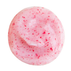 Drop of cream with pink or red granules on a blank background