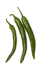 Three green hot chili peppers isolated on a white background