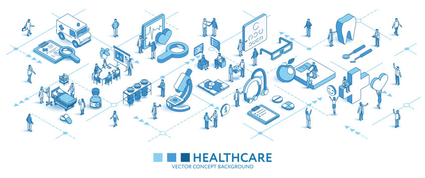 Healthcare clinic isometric seamless pattern. Doctor line 3d icon, people character, arrow. Medical, health care, business infograph. Vector background teamwork concept illustration. Treatment journey