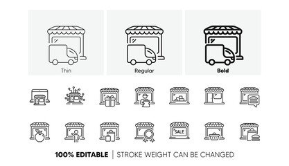 Online Marketplace, Wholesale Shop, Network Marketing. Market store line icons. Store showcase, grocery shop, buyer line icons. Retail seller, fresh market, food delivery. Marketplace app. Vector