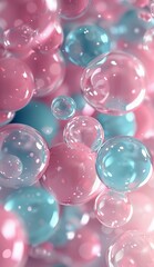 3D wallpaper with vibrant pink and turquoise bubbles floating in a dreamy background