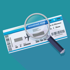 Boarding pass under magnifying glass (flat design)