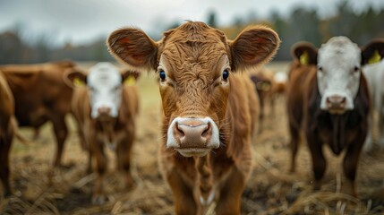 Close-up of a curious brown cow in a field